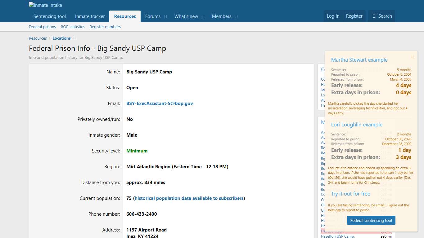 Federal Prison Info - Big Sandy USP Camp Inmate Intake